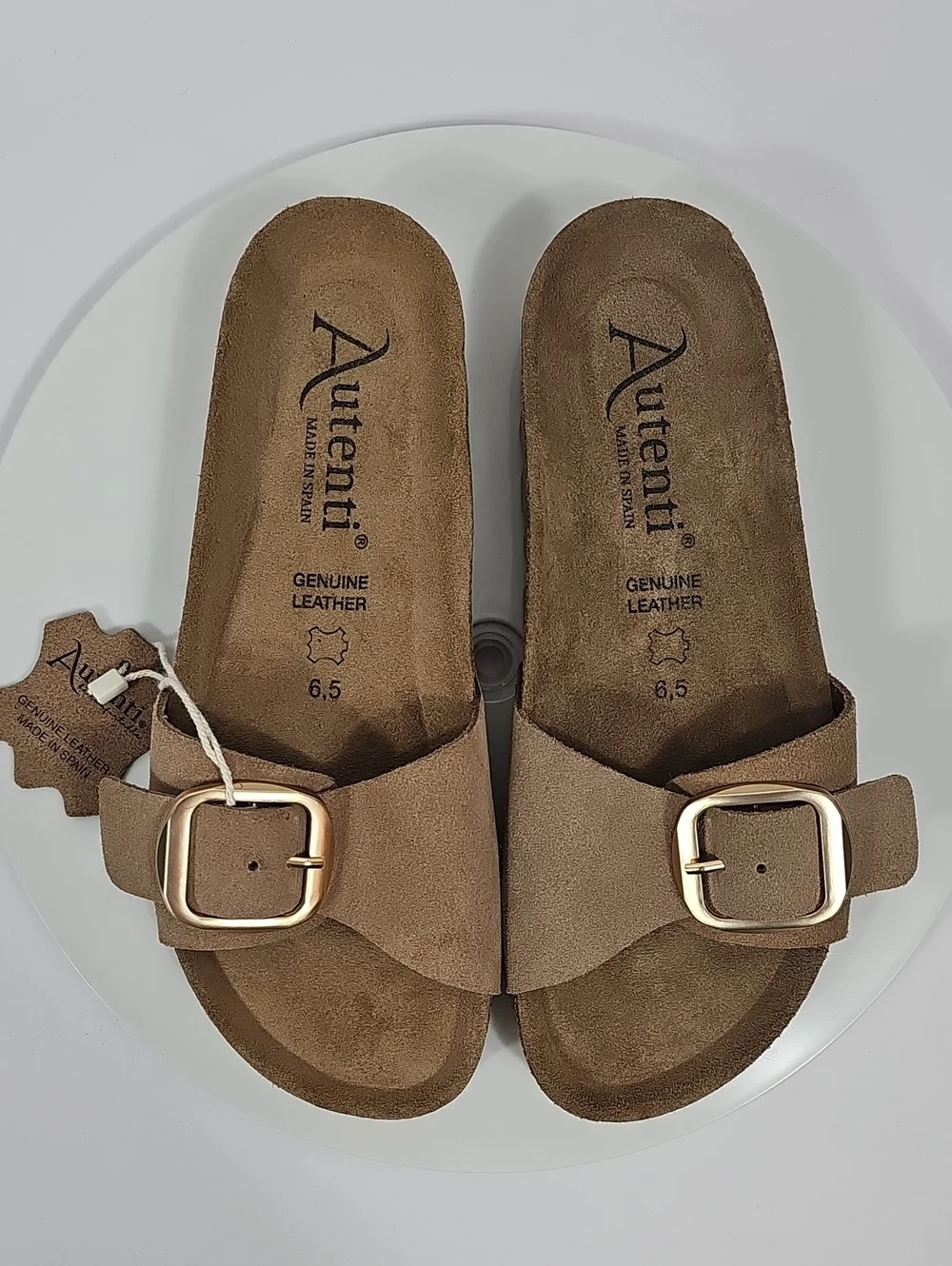 NWT Autenti Spain Leather Cork Footbed Buckle Slide Sandals Taupe 6.5 Vacation